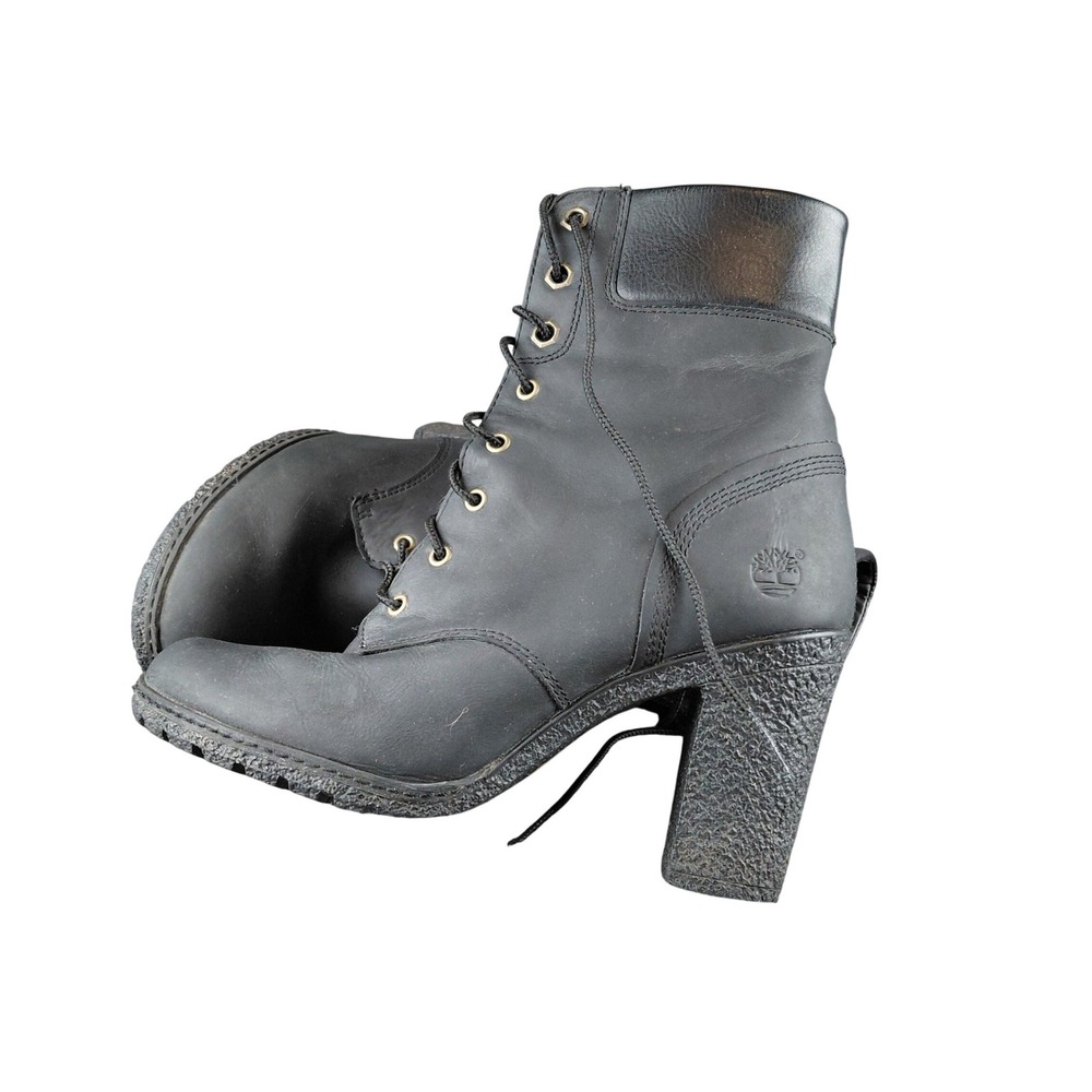 Timberland Glancy 6-Inch Womens Black Leather Lace Up Block Heel Boots 8432A 6.5